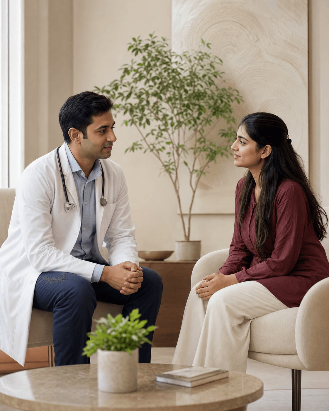 A doctor and participant sharing a calm, reflective consultation