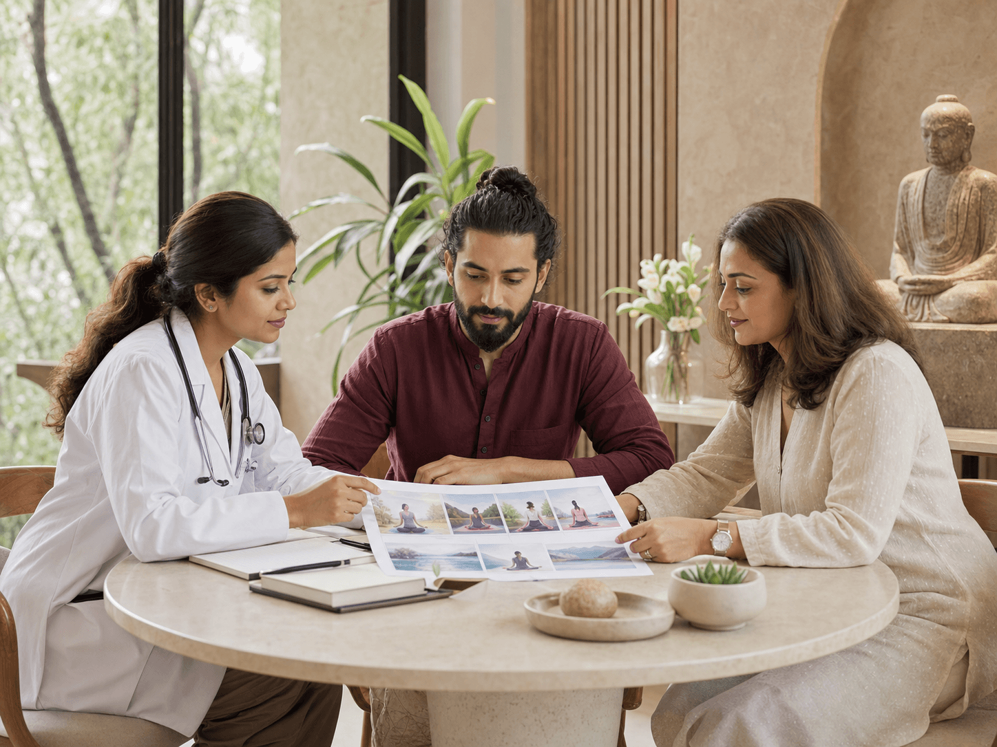 A multidisciplinary wellness team reviewing a guided meditation storyboard